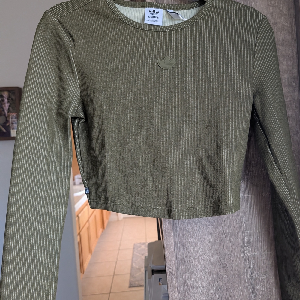 Adidas Khaki Ribbed Long Sleeve Crop Top